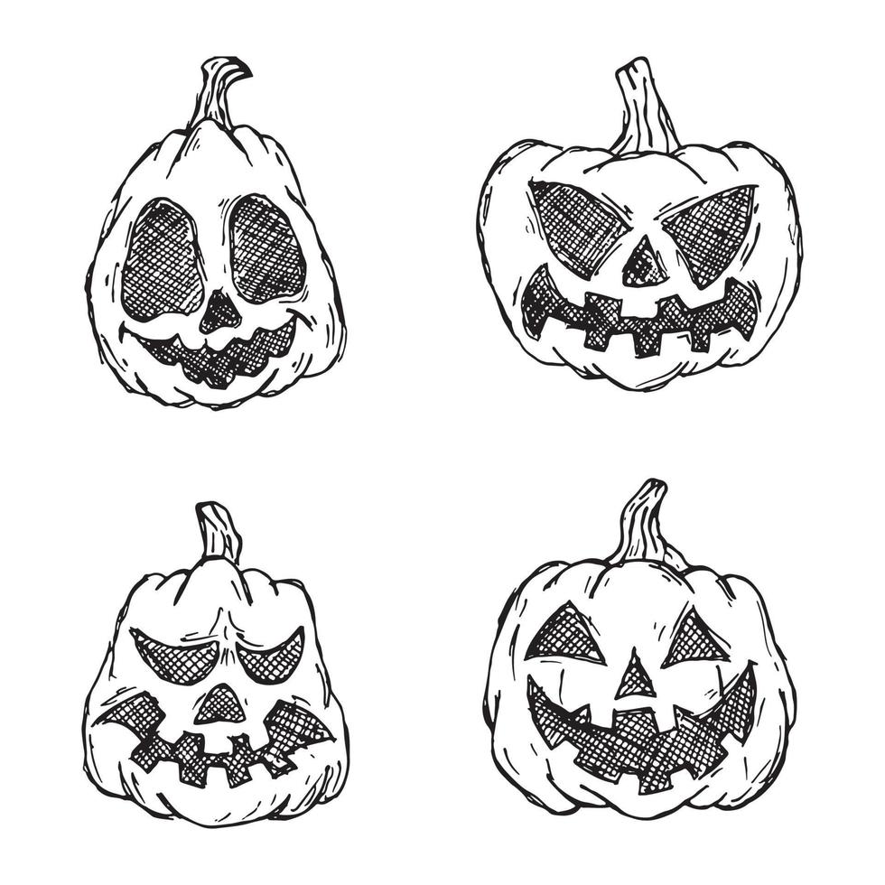 halloween pompoenen in vector met verschillend gezicht icoon set. gekleurde hand- getrokken illustratie. monsters gezichten. ontwerp elementen voor logo, insignes, spandoeken, etiketten, posters