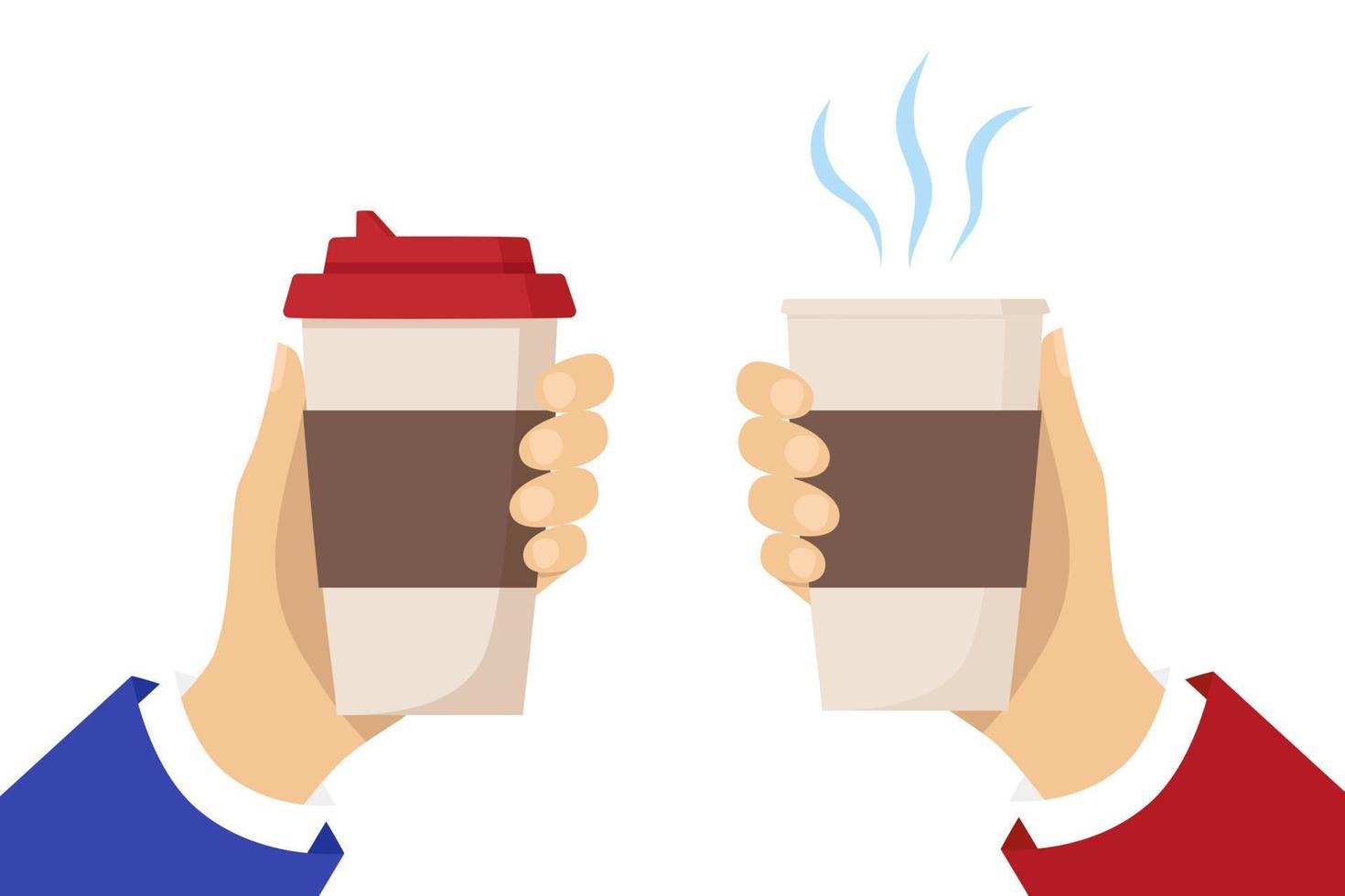 twee menselijk handen houden cups van heet drankje. beschikbaar koffie papier kop met de stoom. koffie naar Gaan concept. vlak vector illustratie geïsoleerd Aan wit achtergrond