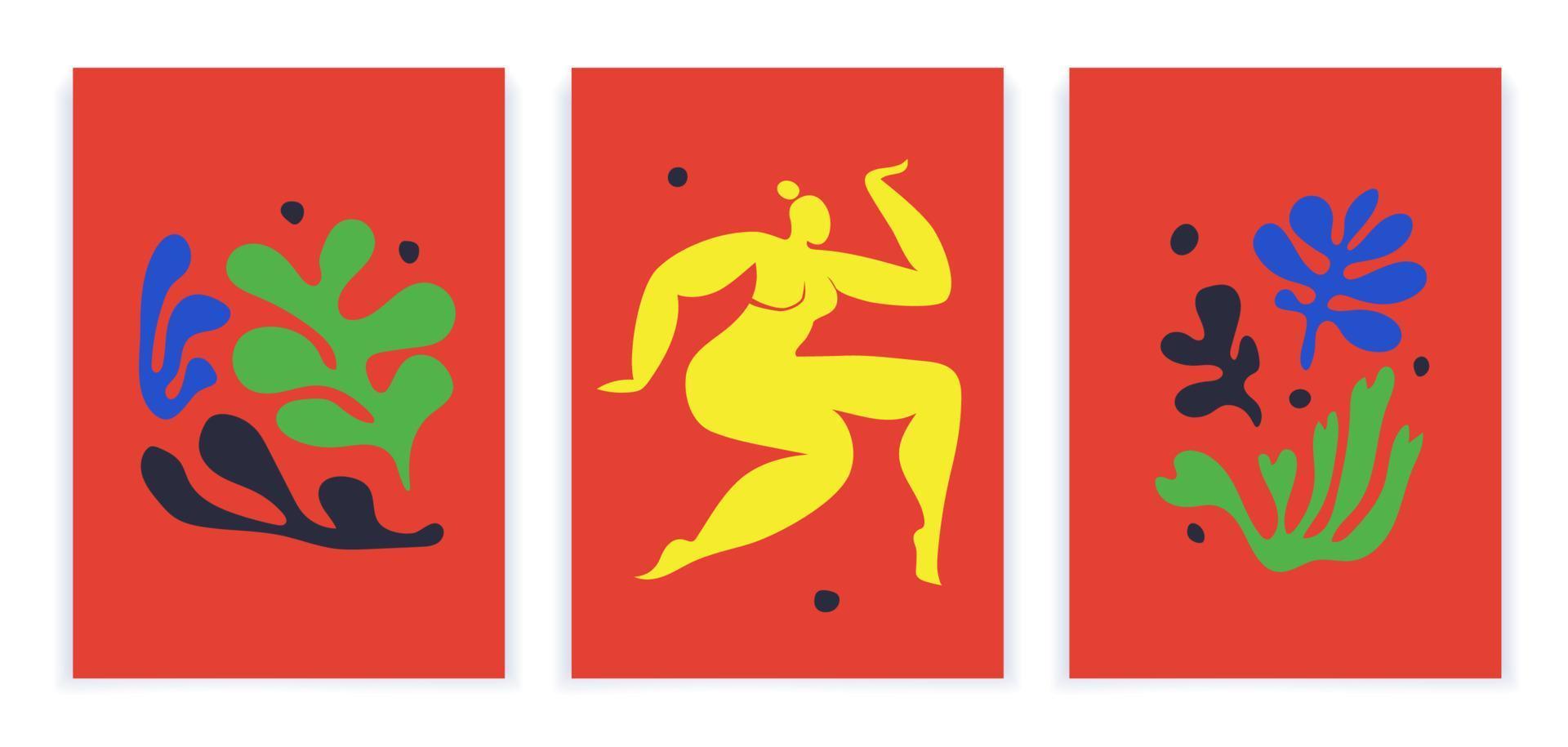 vrouw dansen. posters abstract kunst geïnspireerd door Henry matisse. besnoeiing uit vrouw en verschillend planten Aan een rood achtergrond. hedendaags modieus vector illustratie van verticaal posters geïsoleerd.