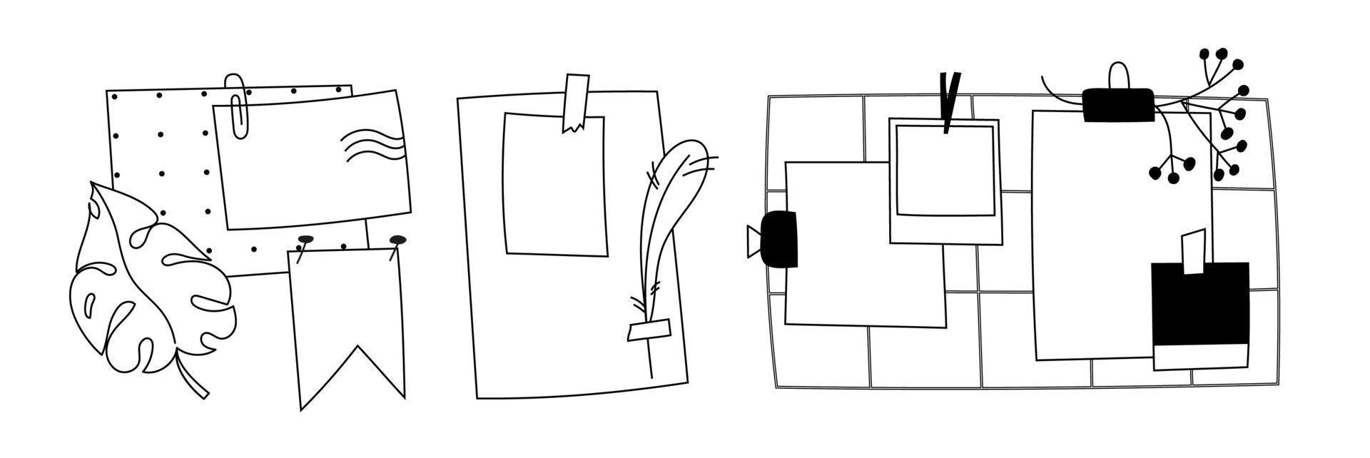 vector kladblok vel met veerkracht. tekening memo aantekeningen met Scotch plakband stuk van papier geïsoleerd. muur foto rooster met monstera blad, bloemen. hand getekend vlag, stip kaart, foto's en stickers.