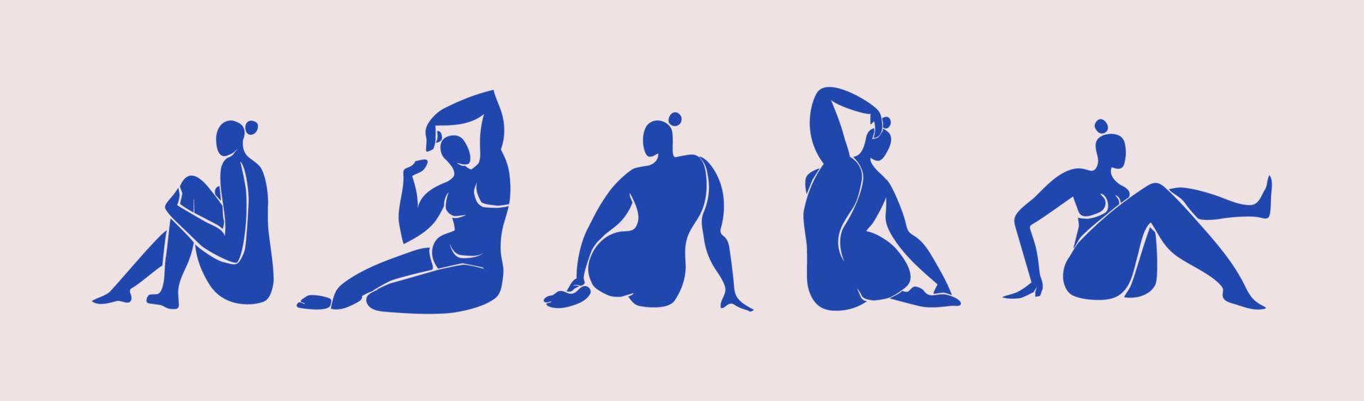 vrouw zittend figuren geïnspireerd door henri matisse. besnoeiing uit blauw vrouw vol lichamen in divers poseert. hedendaags vector kunst geïsoleerd Aan wit achtergrond.