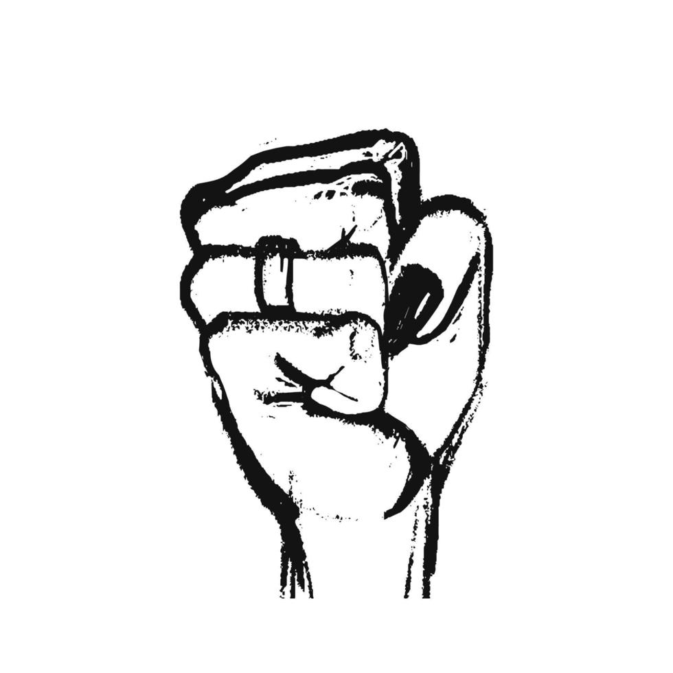 vrouw vuist met een ring Aan de vinger. een hand- getrokken zwart Aan wit hand- is klaar naar staking. vector illustratie van een vrouw vuist voor rechten, strijd geïsoleerd.