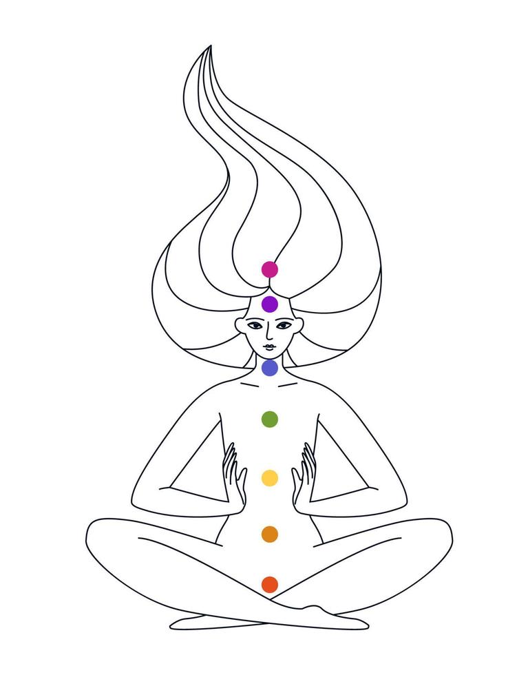vrouw en zeven chakra's schets. een vrouw controles haar vrouwelijk energie door de chakra's. vector lijn illustratie van holistische zelftherapie geïsoleerd Aan wit achtergrond.