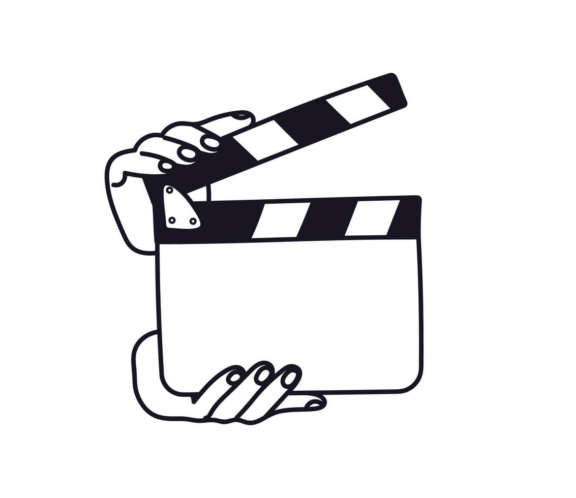 handen houden een Filmklapper voordat filmen. schets van de regisseur filmklapper. vector illustratie van een gereedschap voor filmen en bewerken video.