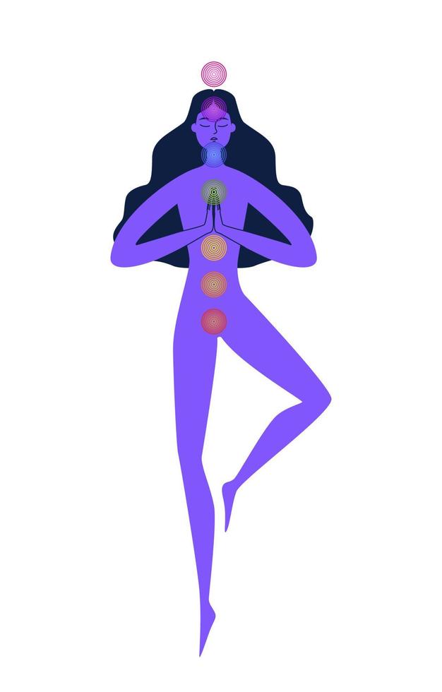 zeven chakra's. vrij vrouw mediteert in ruimte. de vrouw is gewichtloos, handen zijn toegetreden. kleur vector illustratie van een meisje in harmonie met haarzelf en de wereld.