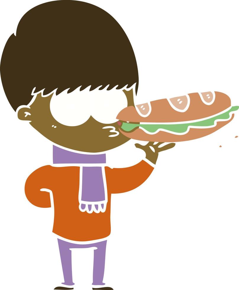 nerveus vlak kleur stijl tekenfilm jongen met belegd broodje vector