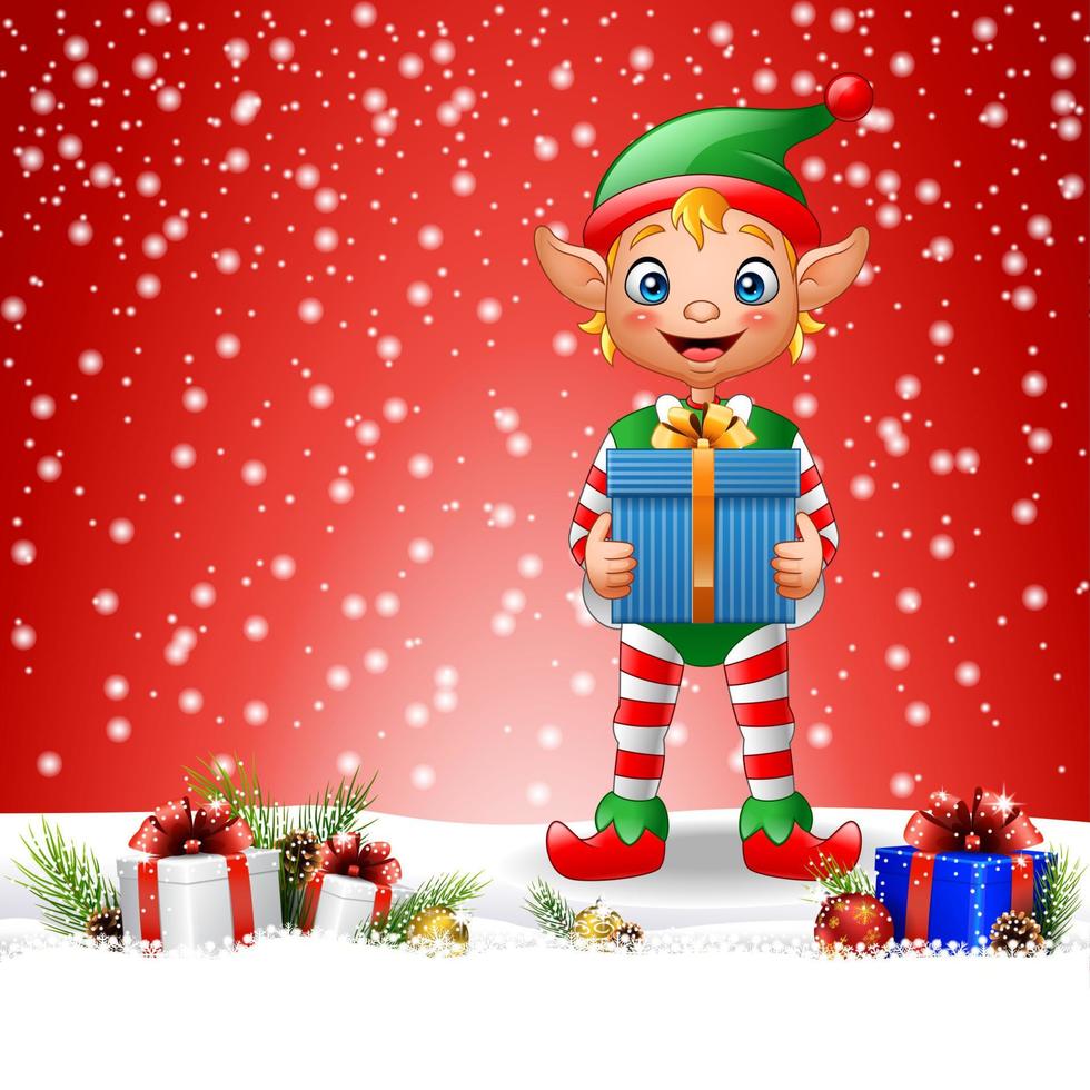 kerst achtergrond met elf met geschenkdoos vector