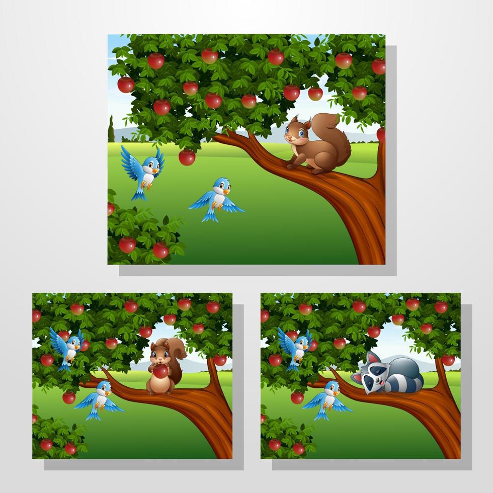 tekenfilm eekhoorn en wasbeer Aan de appel boom collecties vector