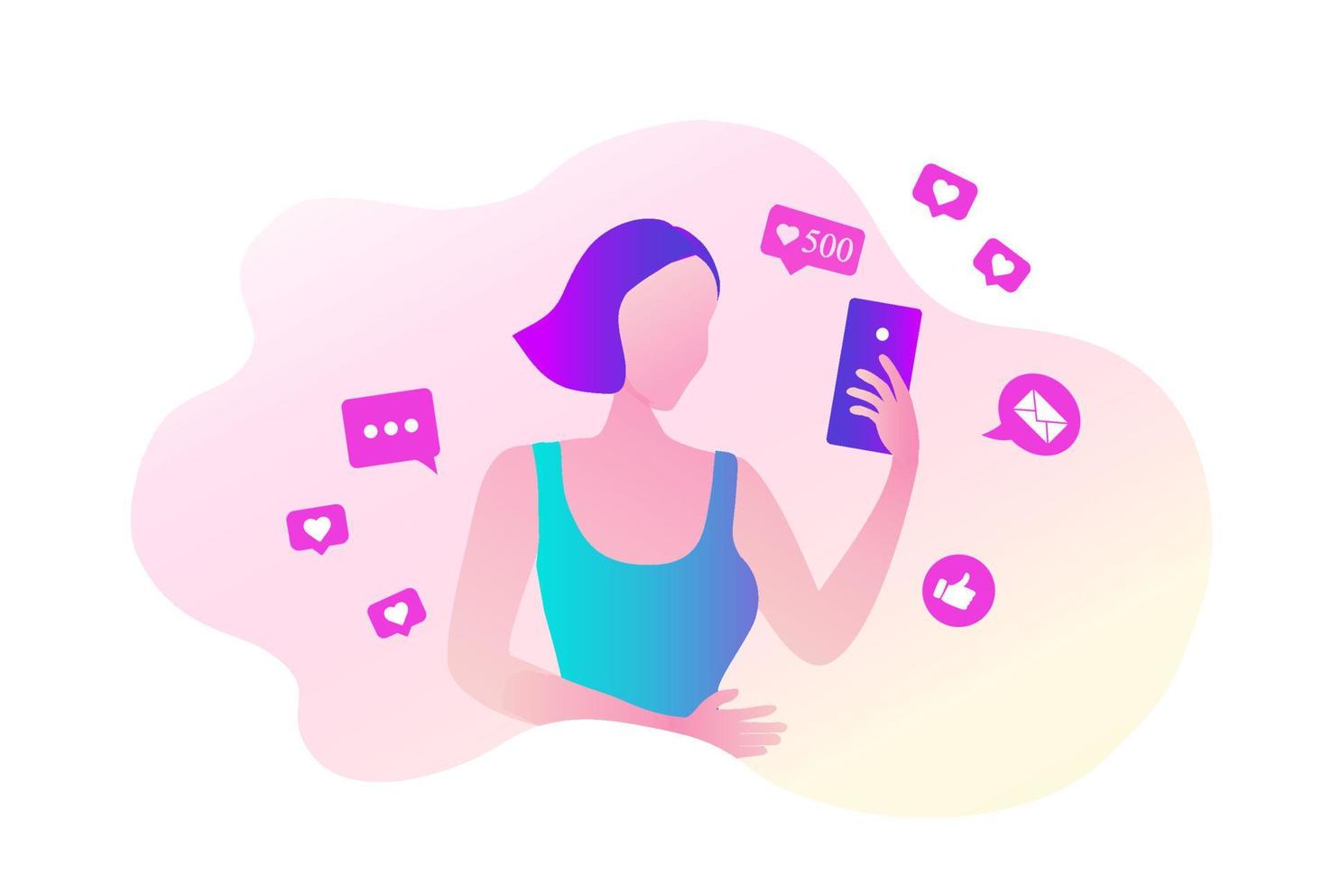 vrouw schreeuwen in luidspreker met social media iconen. influencer social media marketing, blogger, vloggen, social influencer en influencer marketing concept vectorillustratie vector