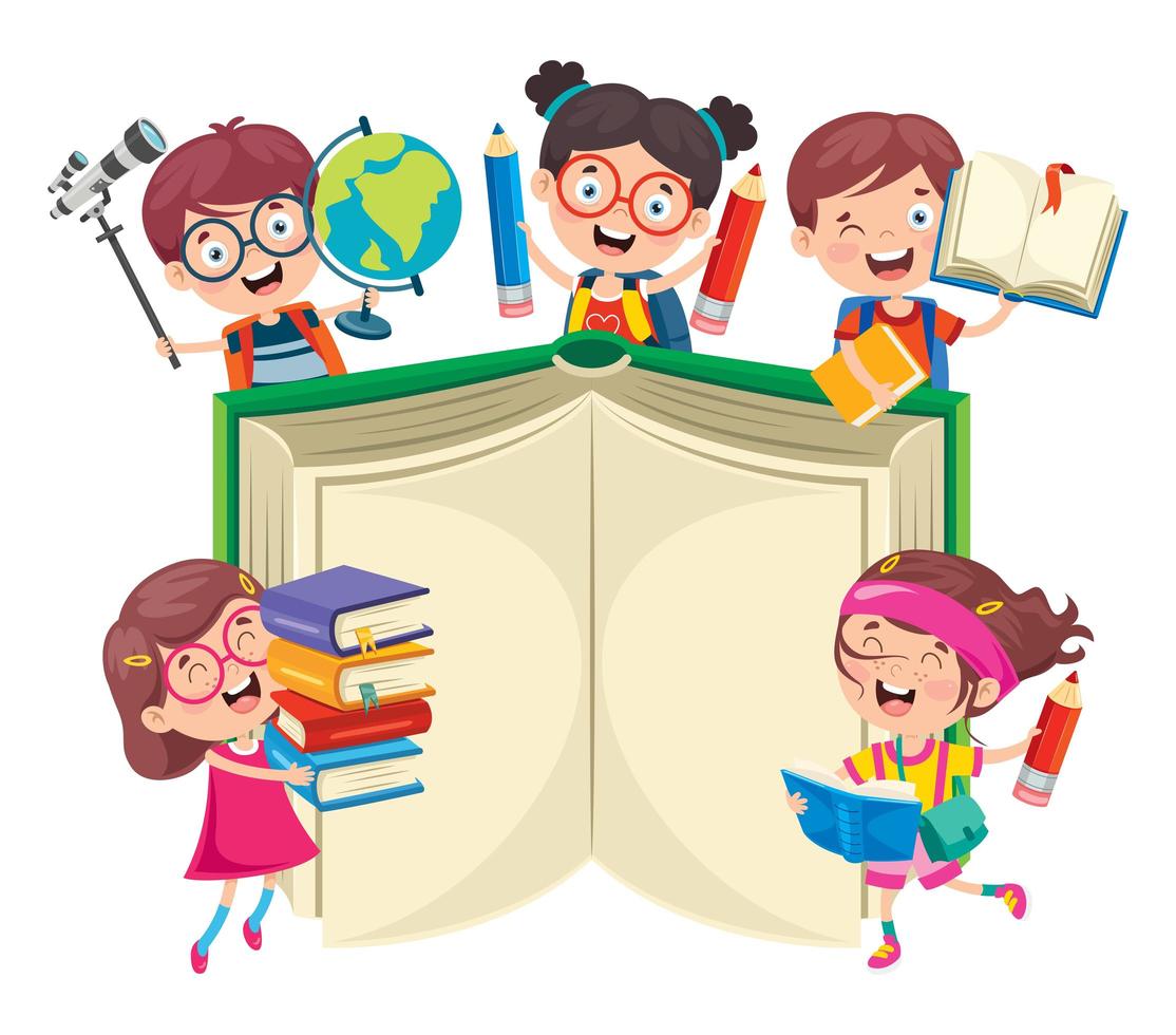 gelukkige schoolkinderen rond groot boek vector