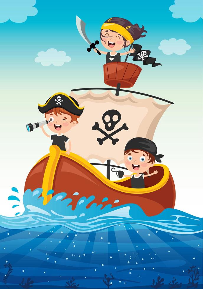 kleine piratenkinderen die op oceaan varen vector