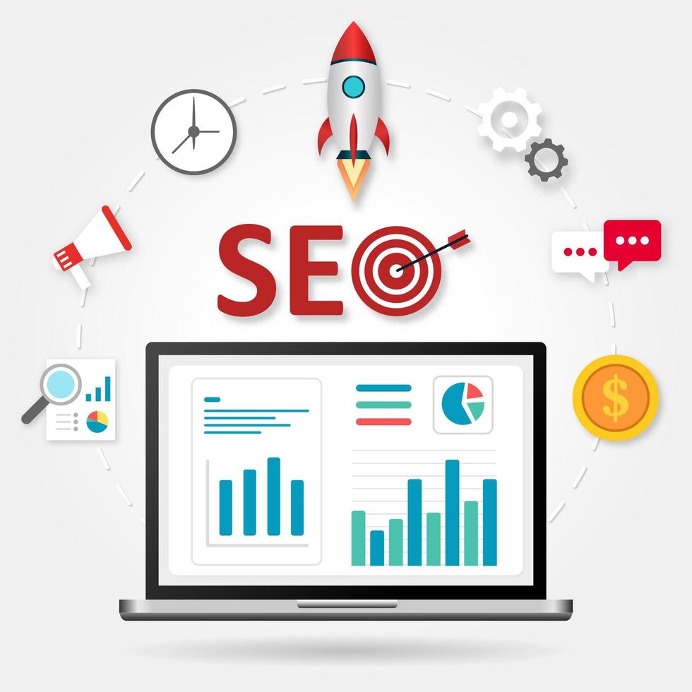 seo design met raket en elementen rond laptop vector