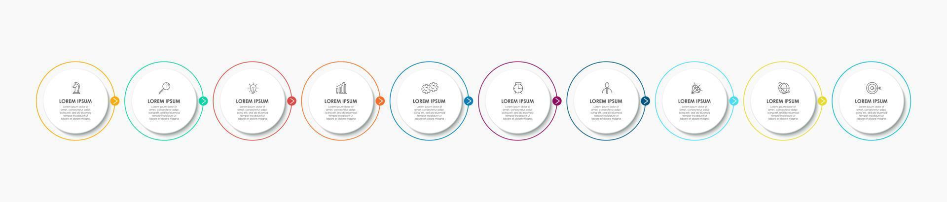 bedrijf infographics sjabloon. tijdlijn met 10 stappen, opties en afzet pictogrammen .vector lineair infographic met twee cirkel verbonden elementen. kan worden gebruik voor presentatie. vector