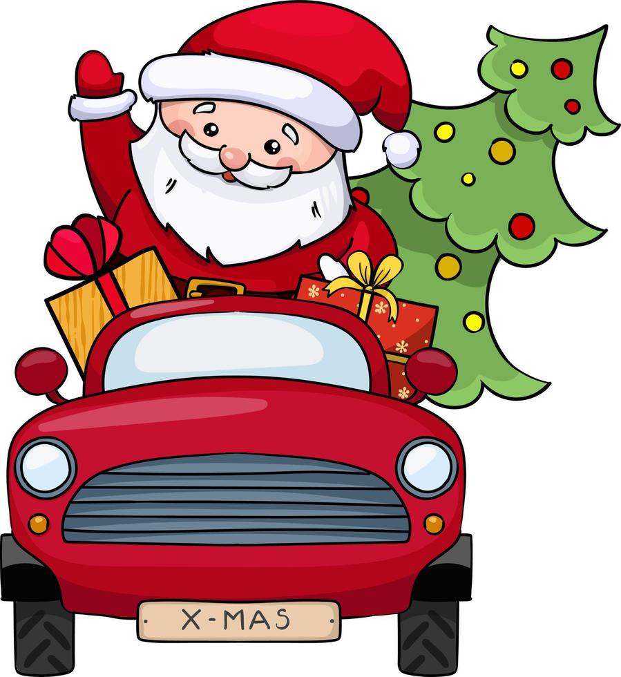 de kerstman claus ritten een rood auto met cadeaus vector