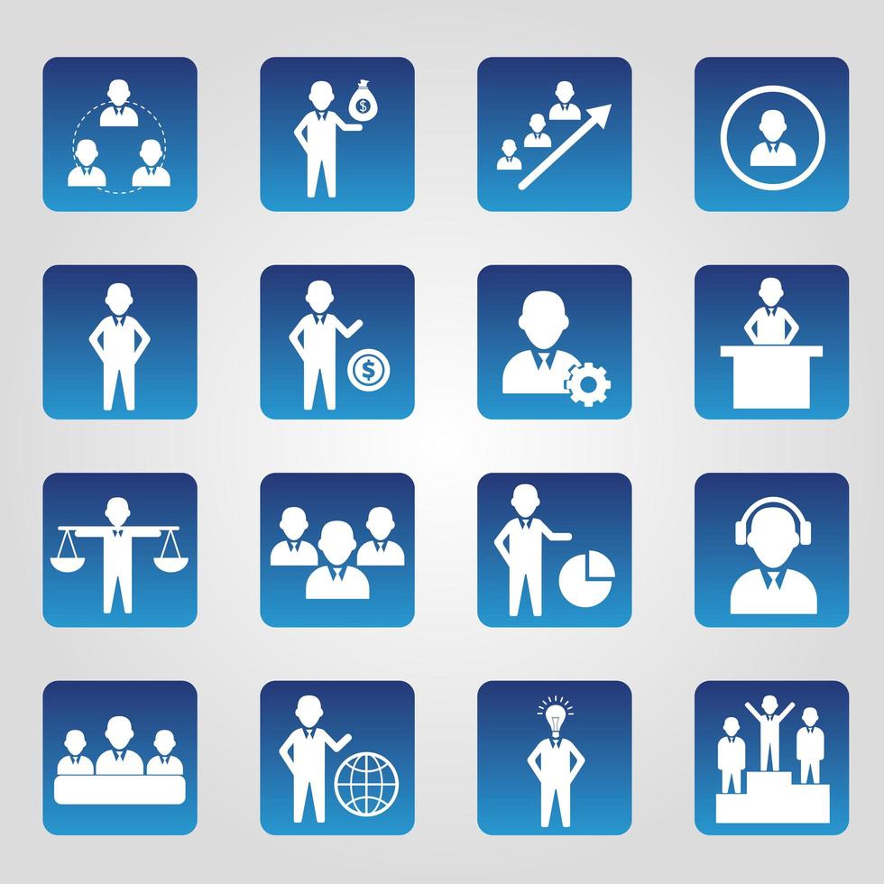 set van vierkante blauwe human resource iconen vector