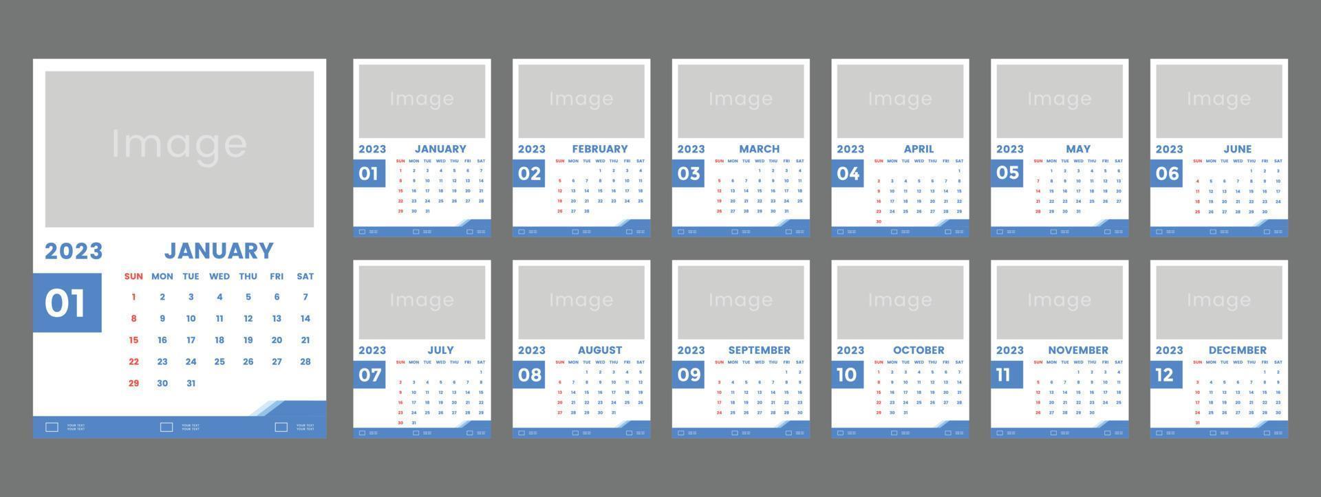 2023 muur kalender sjabloon ontwerp in blauw en wit kleur vector