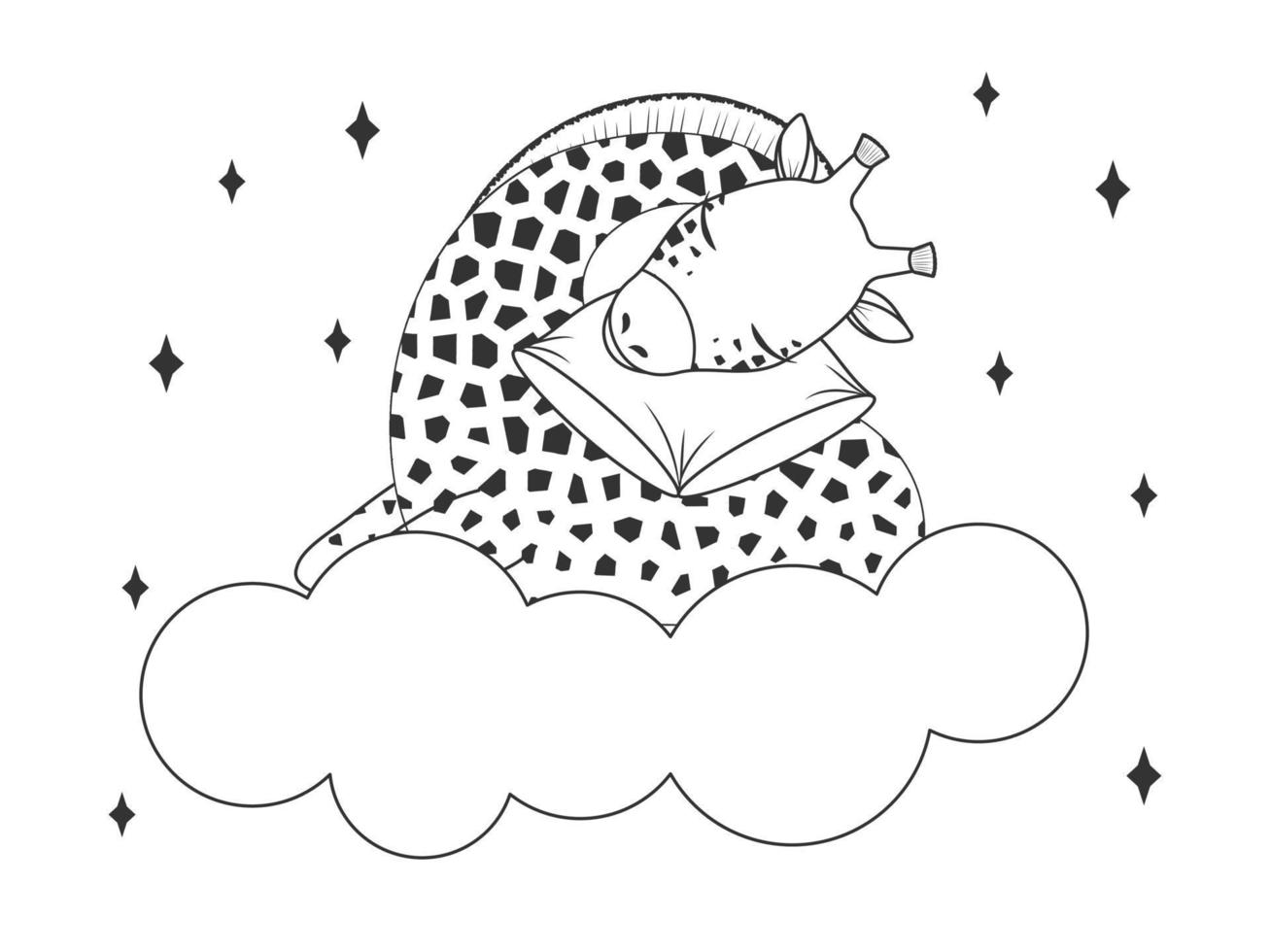 schattig giraffe slapen Aan wolk met zacht kussen. monochroom kinderen illustratie. vector illustratie. kinderen kleur boek. geïsoleerd Aan wit.