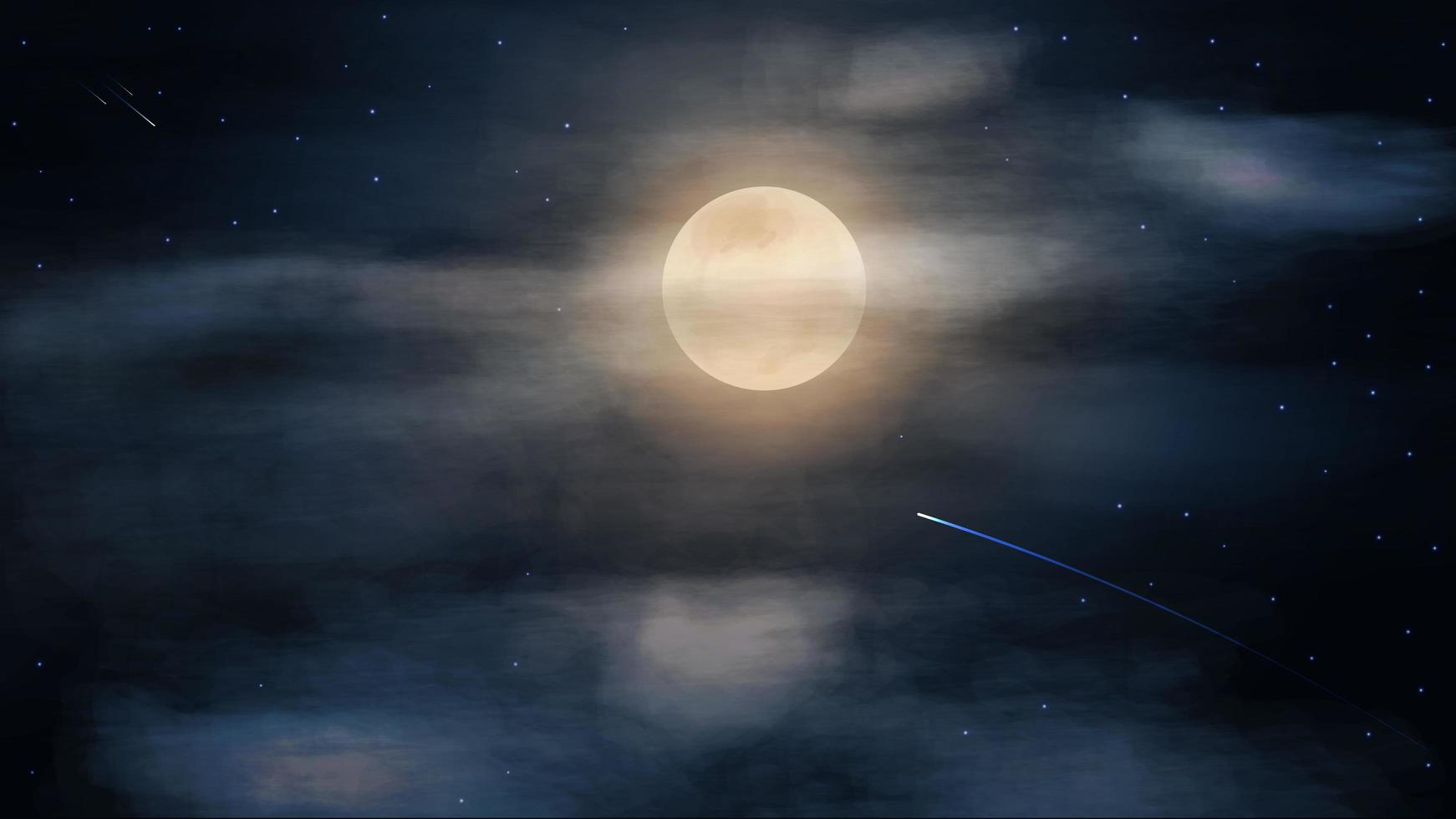 blauwe sterrenhemel met grote volle maan in de wolken vector