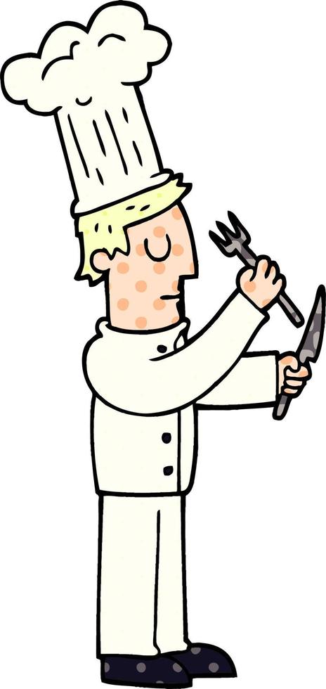tekenfilm tekening chef met mes en vork vector