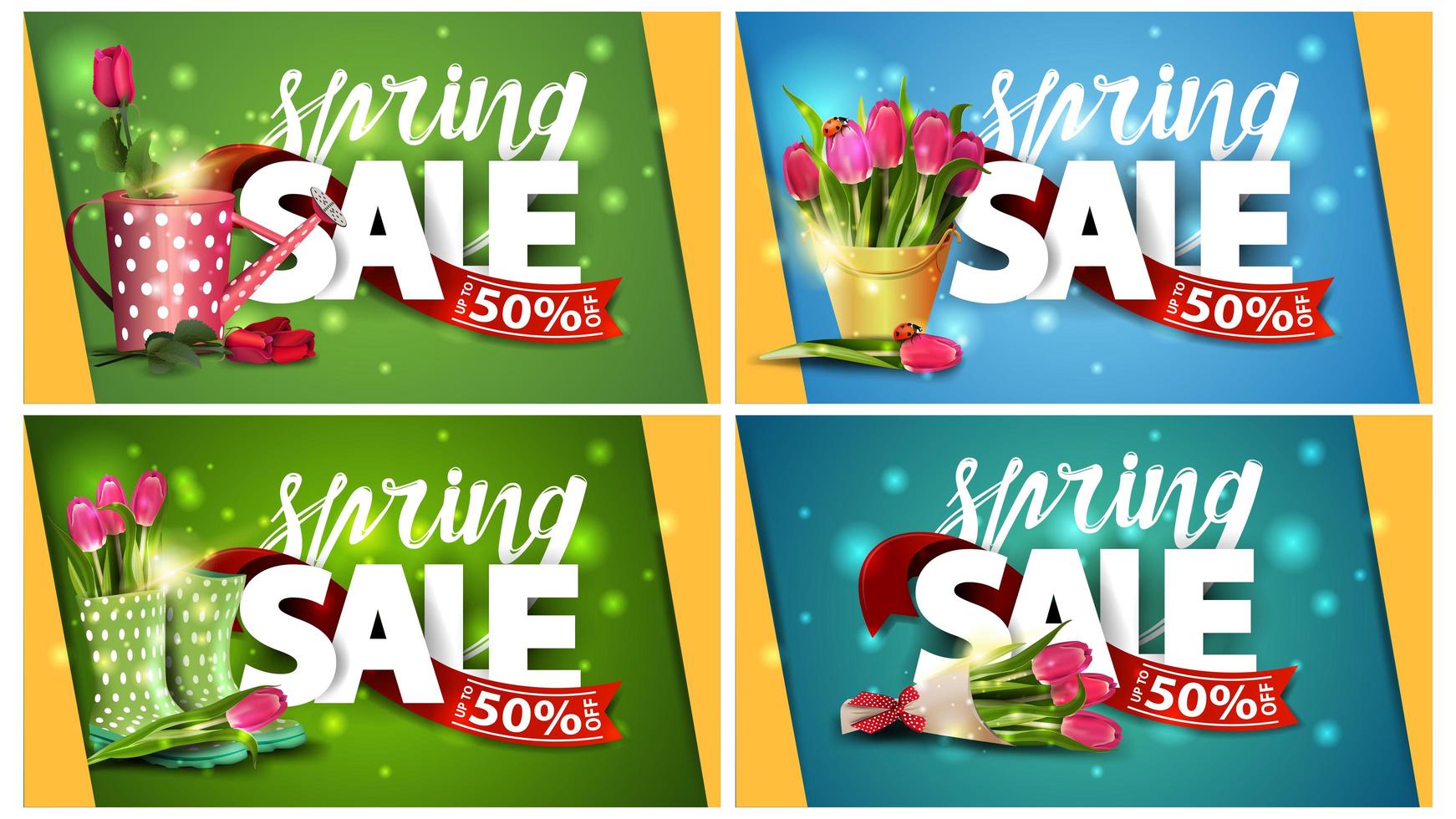 hoekige lente verkoop banners met linten en bloemen vector