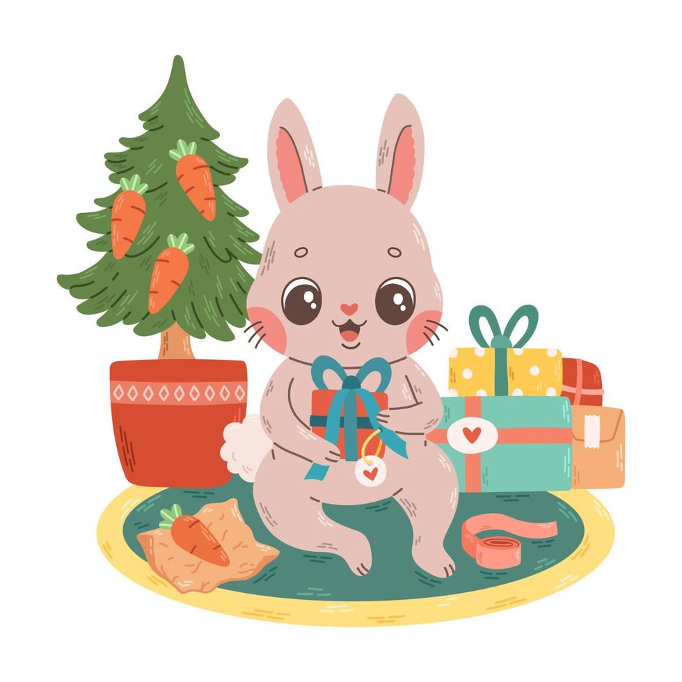 Kerstmis schattig konijn inpakken presenteert in de buurt Kerstmis boom vlak ontwerp vector illustratie