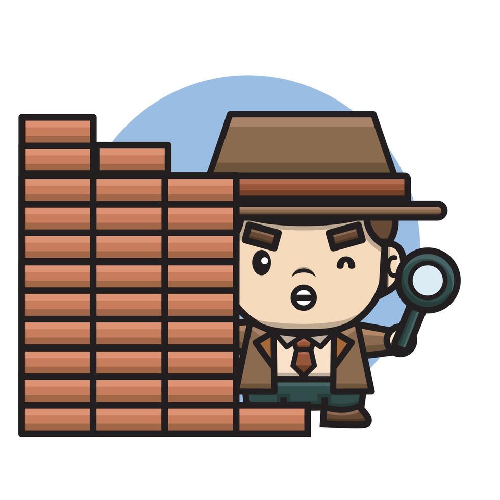 schattig detective Holding een vergroten glas en schuilplaats achter een muur vector