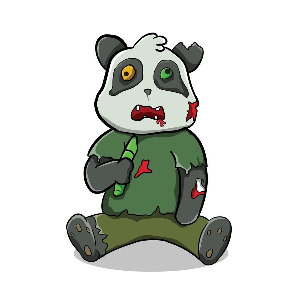 de panda zombie is zittend Holding een bamboe. verschrikking vector illustratie