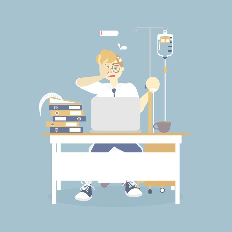 moe overwerk zakenman Holding iv staan met infusie druppelen tas, Gezondheid zorg concept, vector illustratie tekenfilm vlak karakter ontwerp