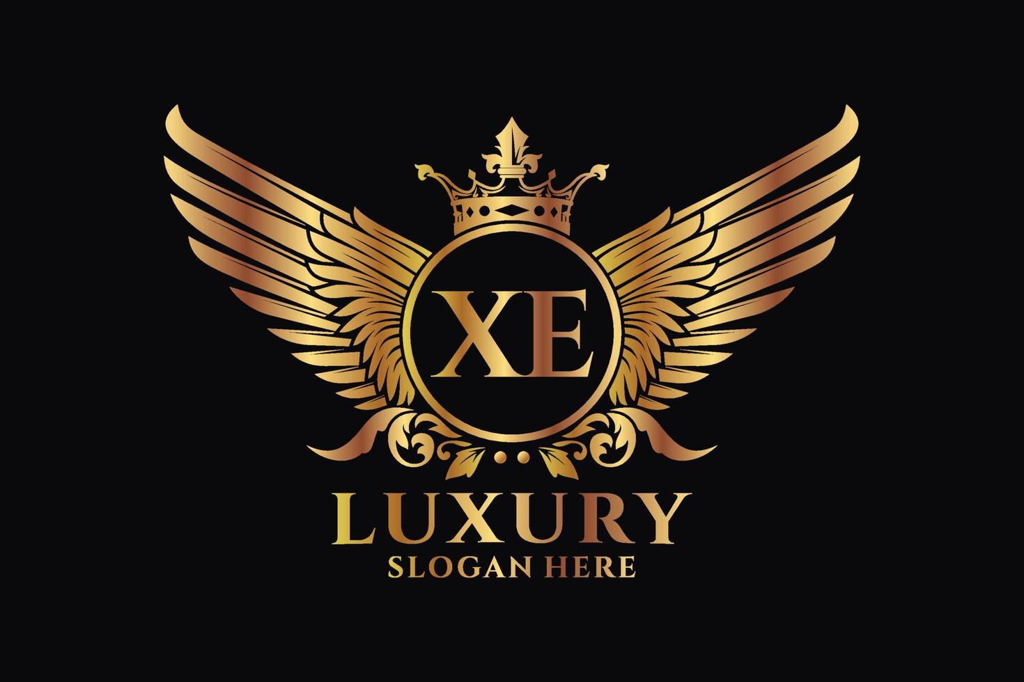 luxe Koninklijk vleugel brief xe kam goud kleur logo vector, zege logo, kam logo, vleugel logo, vector logo sjabloon.