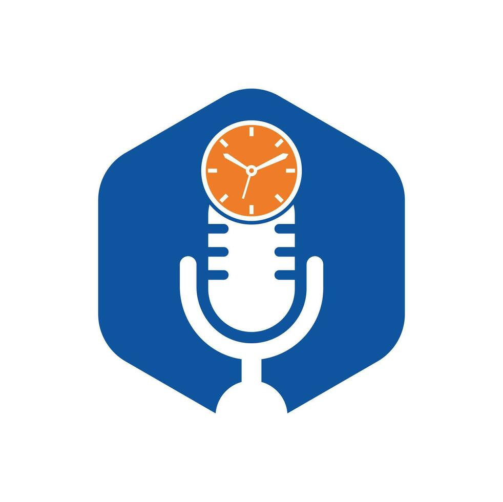 podcast tijd vector logo ontwerp sjabloon. mic klok vector logo ontwerp icoon.