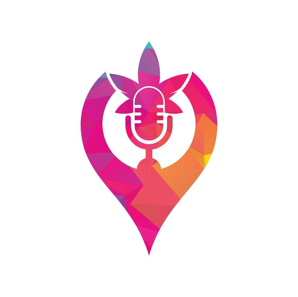 hennep podcast kaart pin vorm concept vector logo ontwerp. podcast logo met hennep blad vector sjabloon.