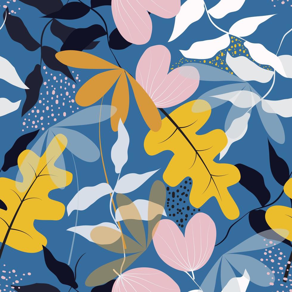bloemen en bladeren op blauwe achtergrondpatroon vector