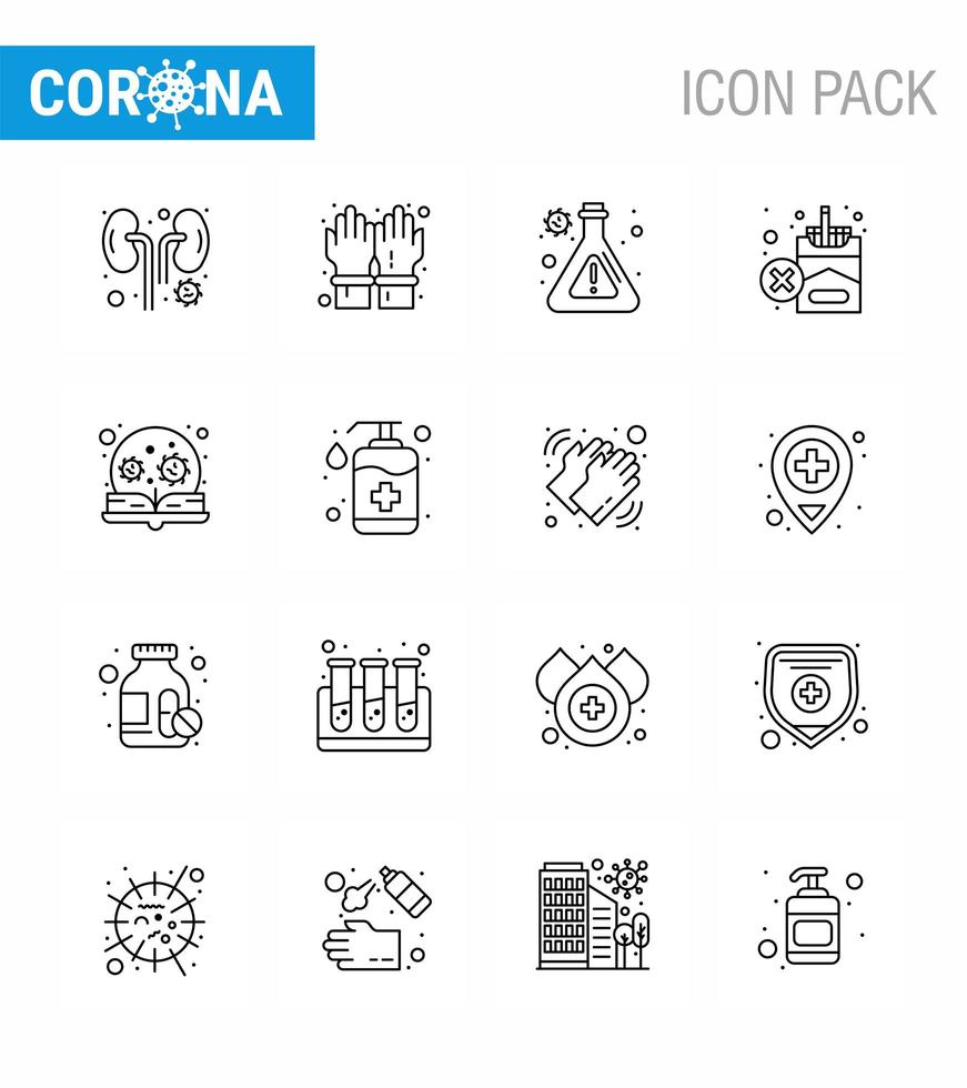 lijnstijl coronavirus icon pack inclusief ontsmettingsmiddel vector