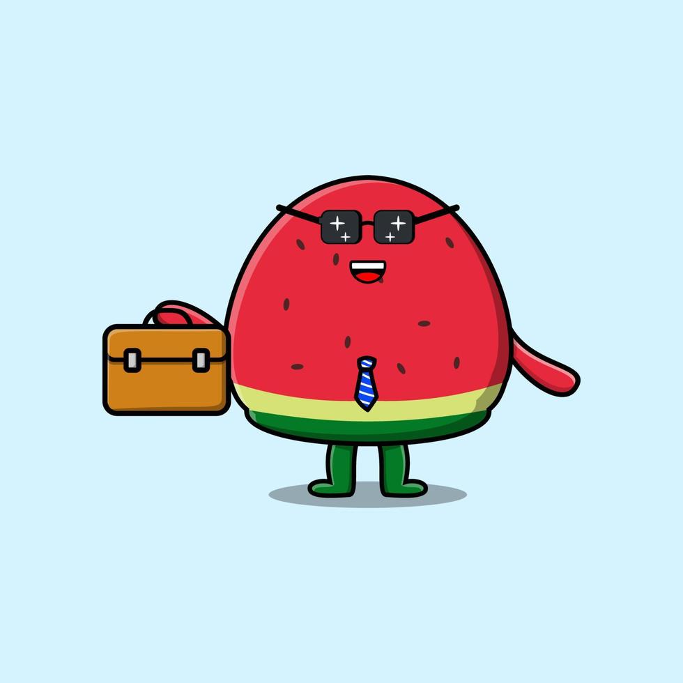 schattig tekenfilm watermeloen zakenman houden koffer vector