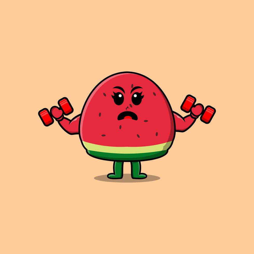 schattig tekenfilm watermeloen is geschiktheid met barbell vector
