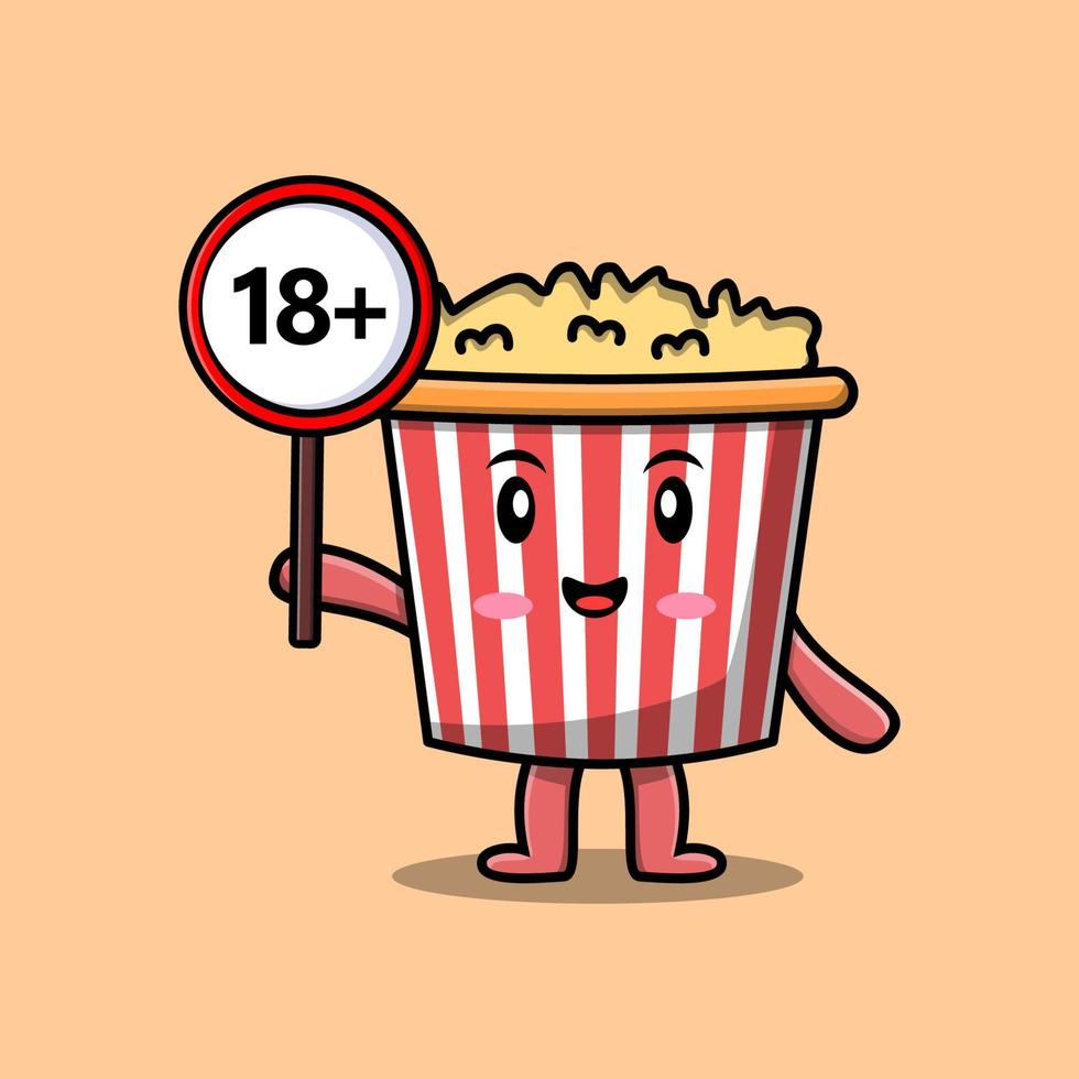 schattig tekenfilm popcorn Holding 18 plus teken bord vector