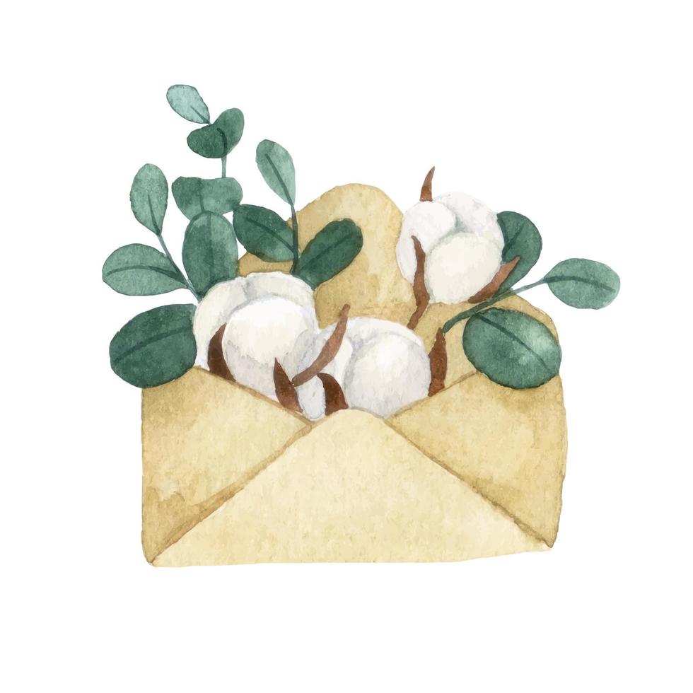 waterverf tekening. samenstelling envelop met een brief, eucalyptus bladeren en katoen bloemen. wijnoogst illustratie nieuw jaar, winter vector