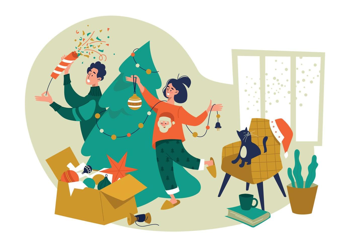 Mens en vrouw zijn voorbereidingen treffen voor Kerstmis en nieuw jaar. een gelukkig familie siert een Kerstmis boom in een knus interieur. modieus tekens vieren winter vakantie. vector afbeelding.