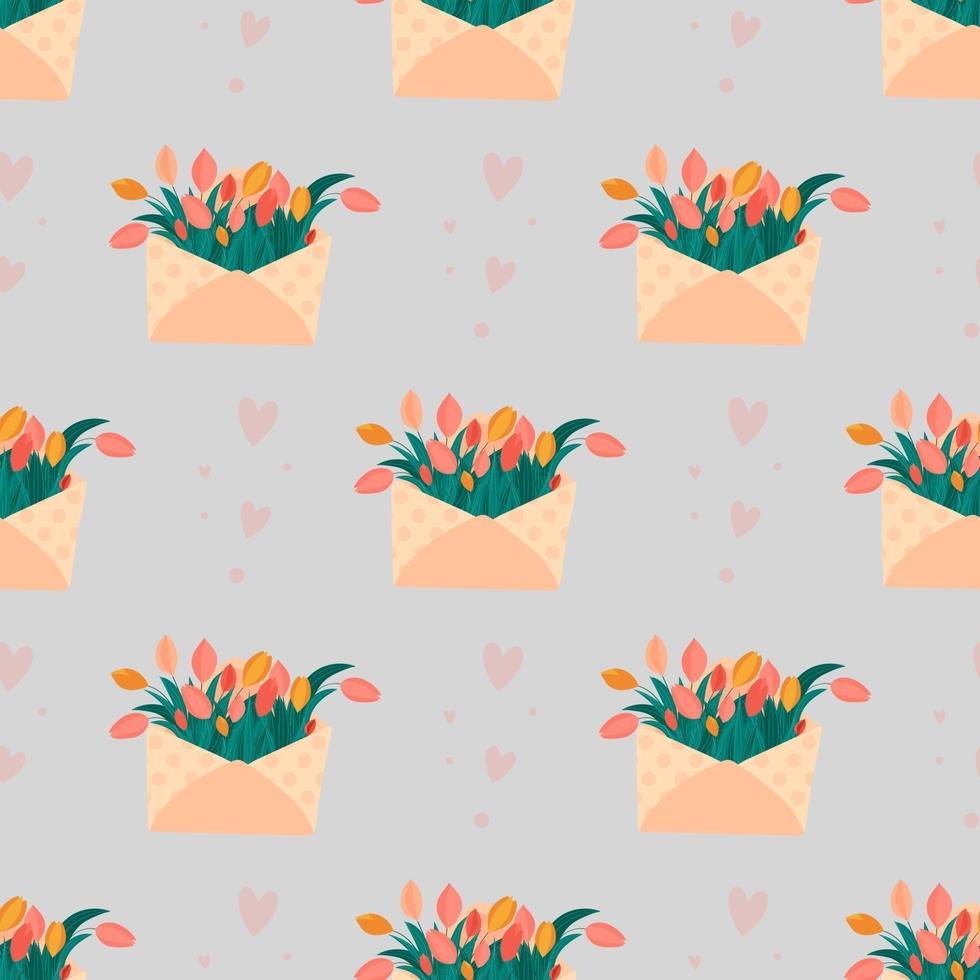 schattig naadloos patroon, enveloppen met bloemen, tulpen, en harten. vector