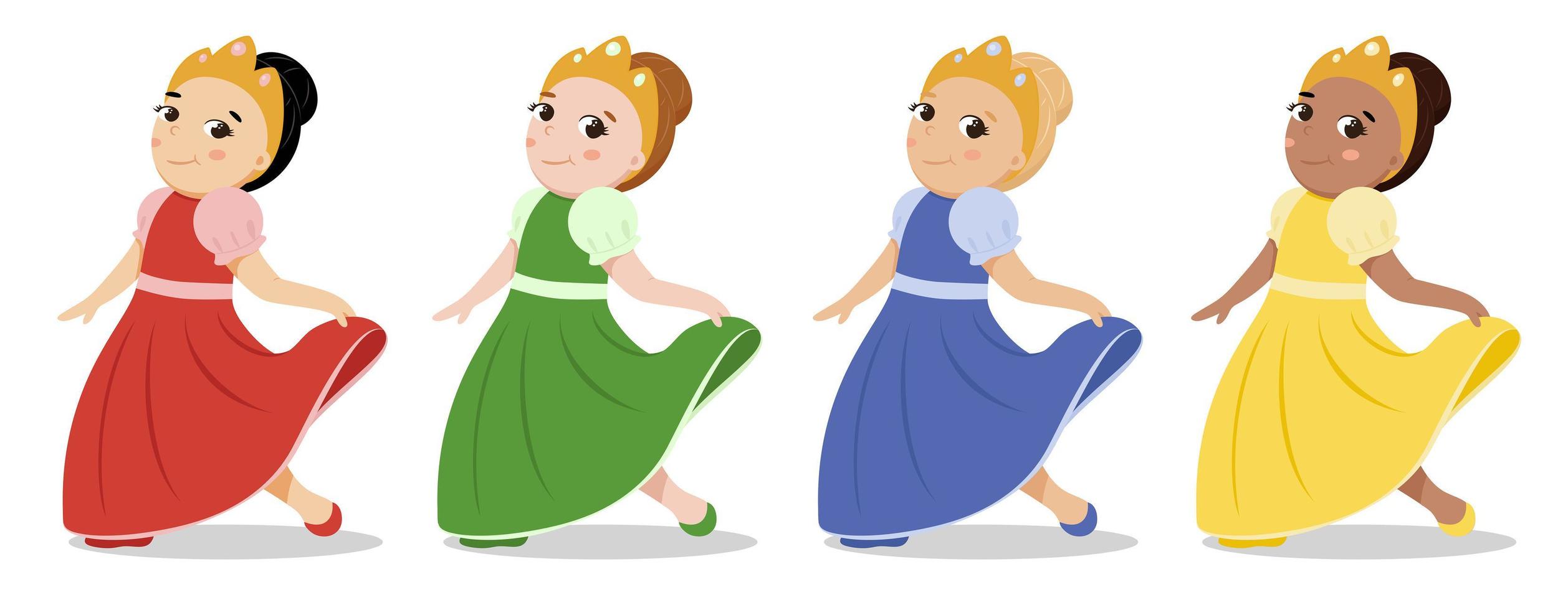 illustratie van schattig weinig prinses in een helder jurk met een kroon Aan haar hoofd vector