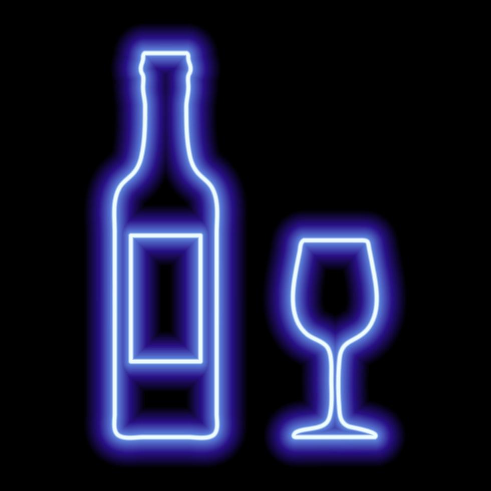 blauw neon schets van een fles van wijn met een etiket en een glas Aan een zwart achtergrond. bar icoon vector