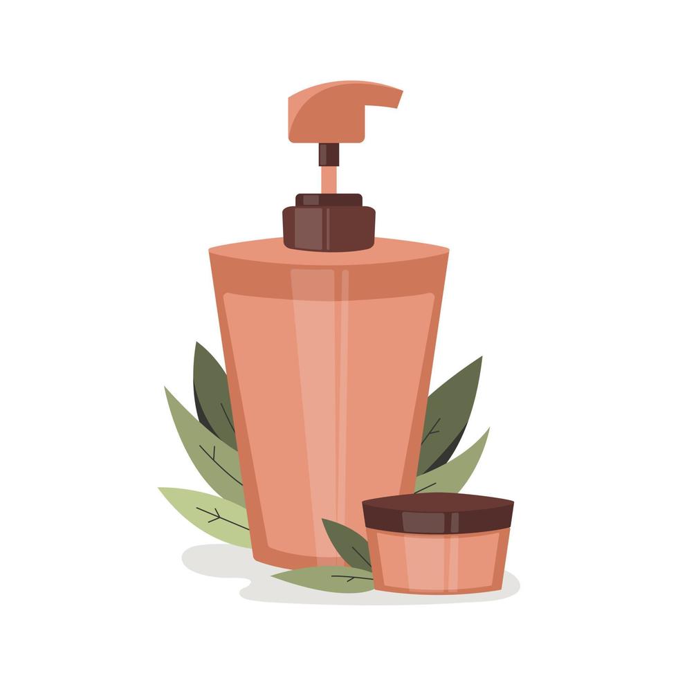 flacon en buis schoonheidsmiddelen Aan fabriek achtergrond. concept van gereedschap schoonheid en huid zorg, shampoo, room, balsem, ecologisch, reinigingsmiddel. vector vlak illustratie.