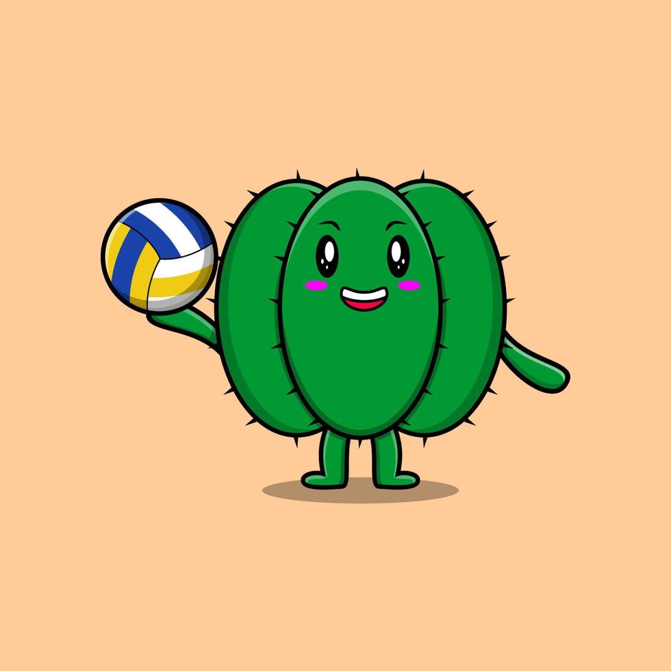 schattig tekenfilm cactus karakter spelen volleybal vector