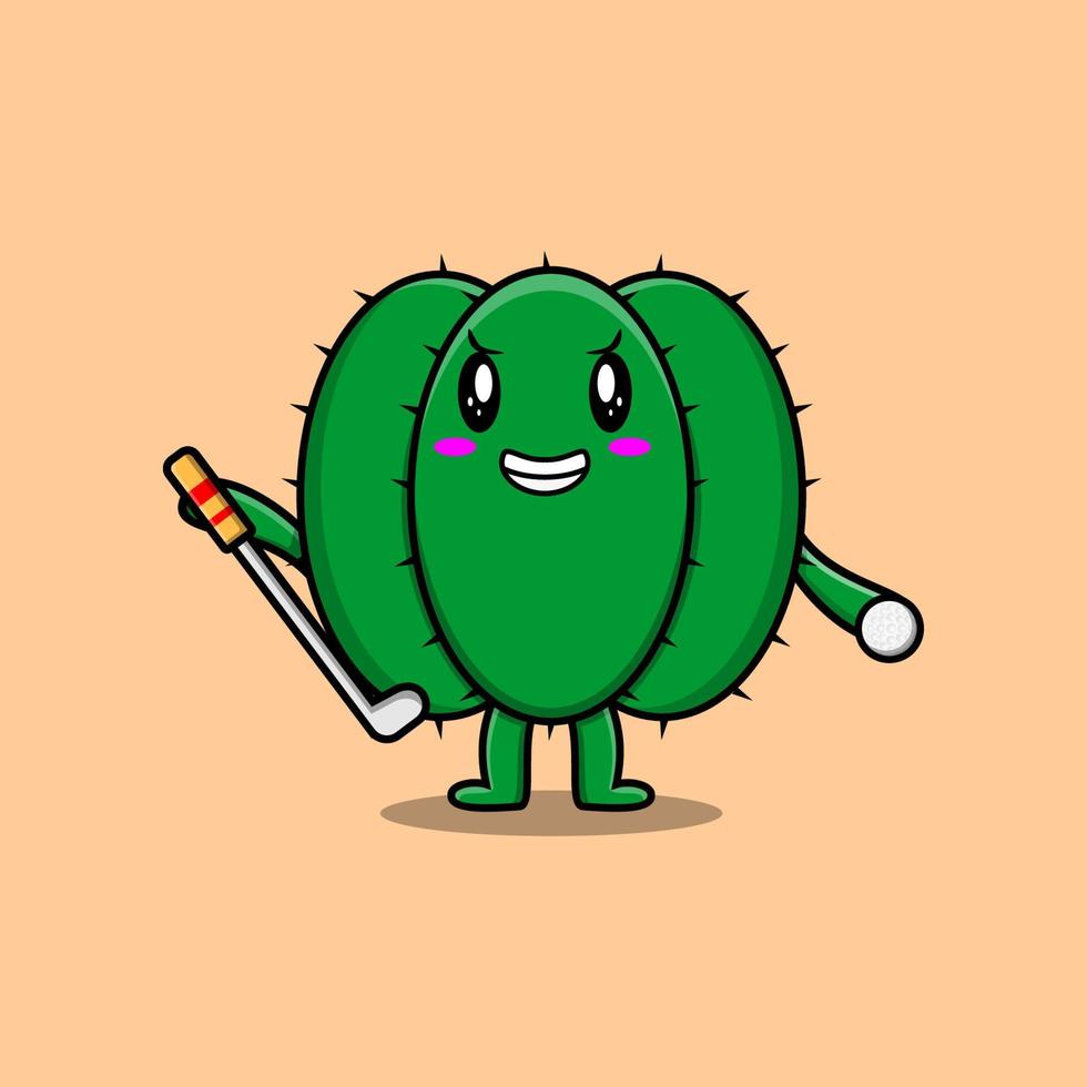 schattig tekenfilm cactus karakter spelen golf vector