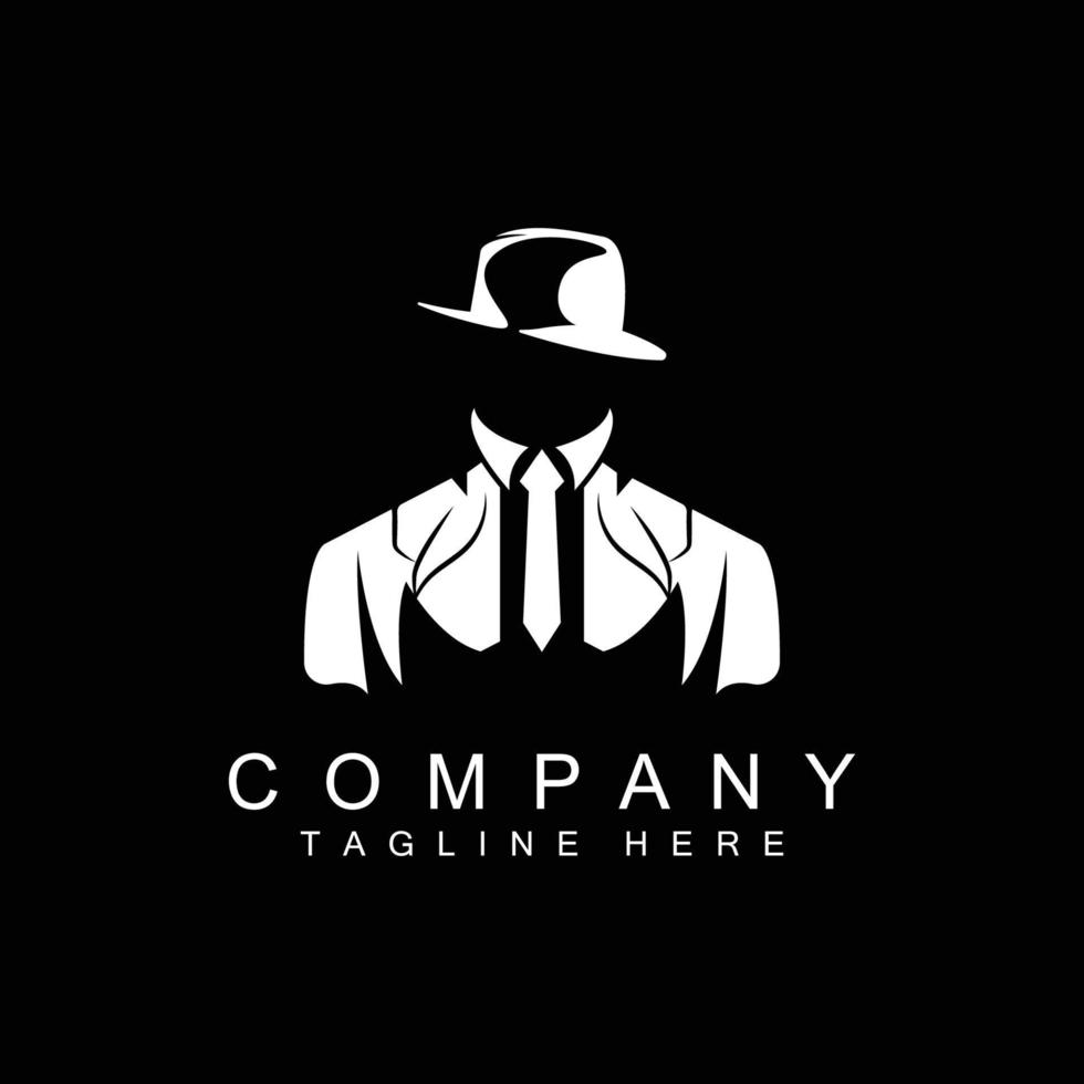 detective Mens logo ontwerp, maffia detective mode smoking en hoed illustratie vector, zwarte man zakenman icoon vector