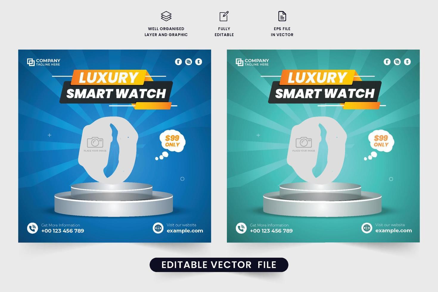luxe SmartWatch uitverkoop sociaal media post vector met blauw en groen kleuren. klassiek klok en apparaatje advertentie sjabloon. Product presentatie en uitverkoop aanbod sjabloon vector voor digitaal marketing.
