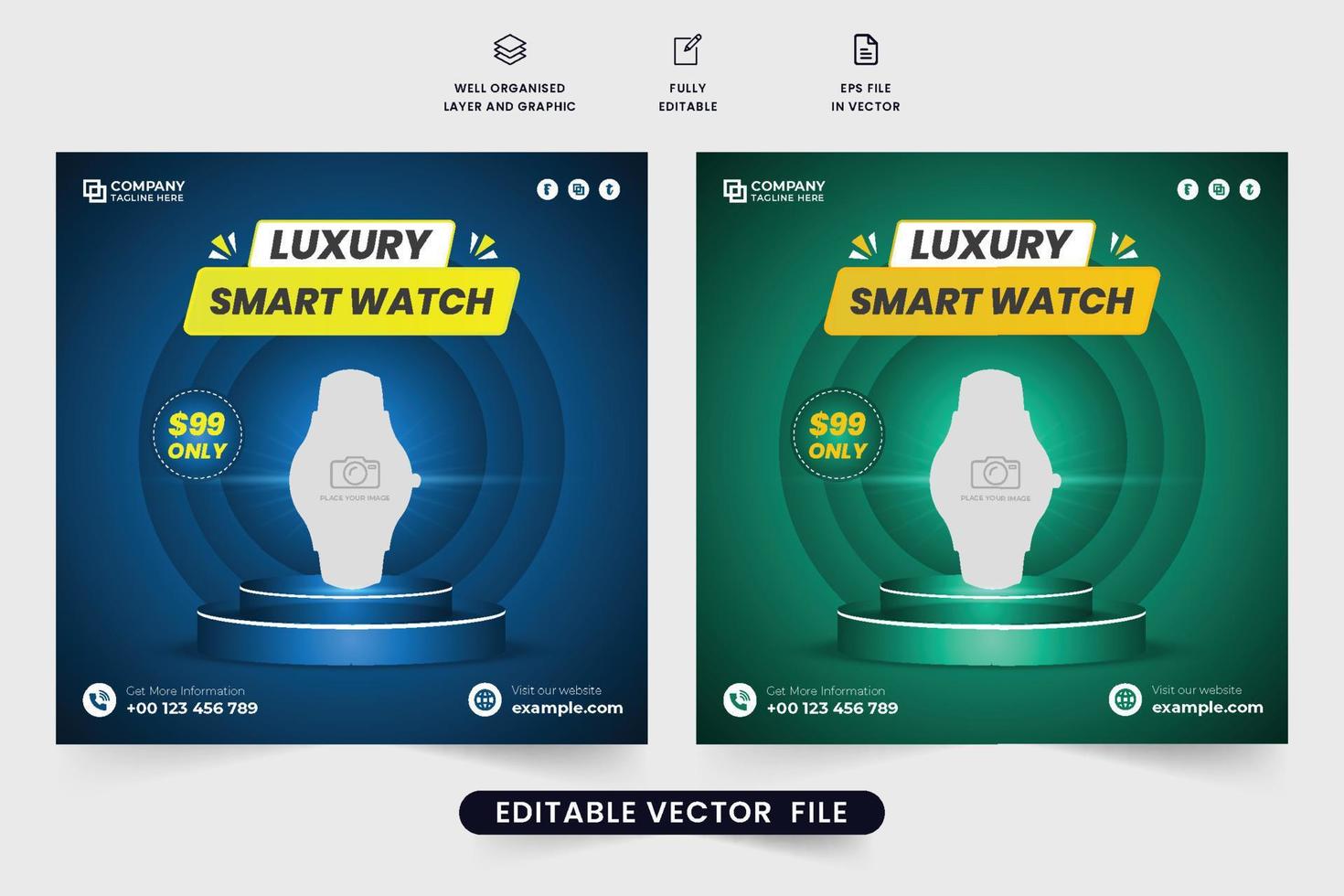 SmartWatch uitverkoop sociaal media post vector met blauw en groen achtergronden. polshorloge promotionele plein web banier ontwerp. kijk maar op te slaan advertentie sjabloon. apparaatje uitverkoop sjabloon voor marketing.