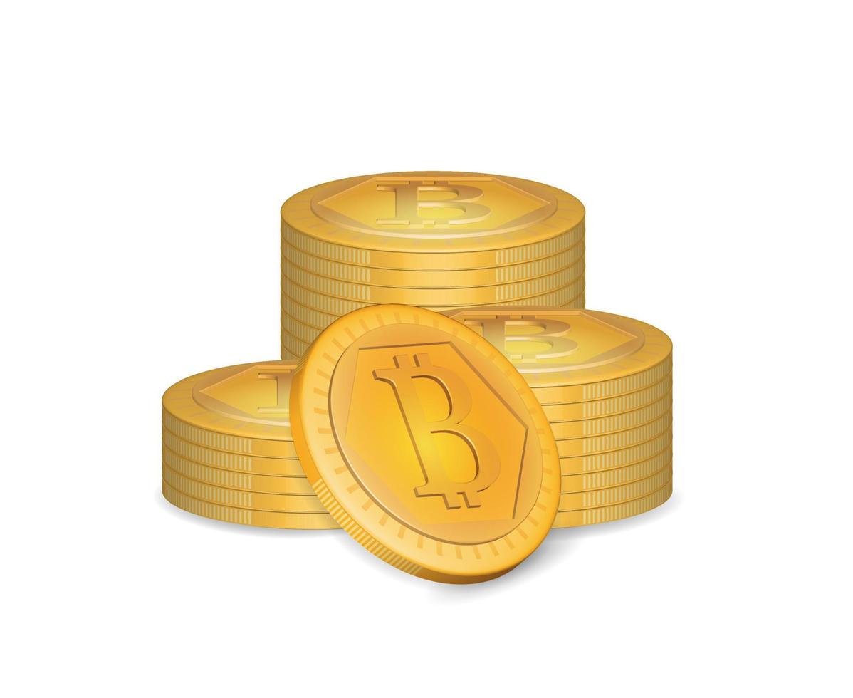 stapel van bitcoin symbolen van goud munten. financieel middelen en elektronisch betalingen, omzet groei ten gevolge naar mijnbouw en investering. 3d vector illustratie