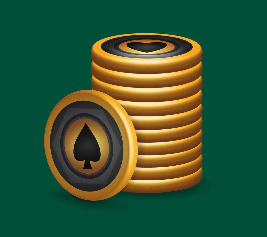 stapel van goud poker chips, met club symbolen, spel ontwerp elementen, 3d vector illustratie
