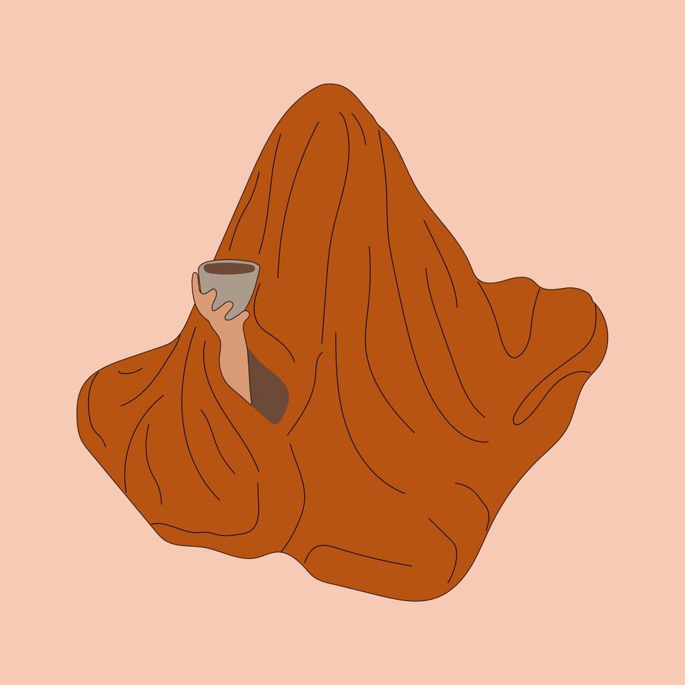 vrouw verpakt in een warm deken . hand- getrokken modern vector illustratie. kom tot rust, hygge gezelligheid concept